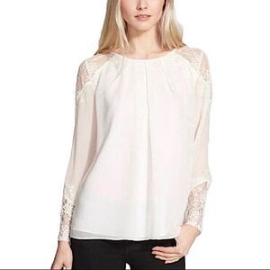 ALICE + OLIVIA Ivory Danyelle Lace Detail Bateau Neckline Sleeve Silk Blouse